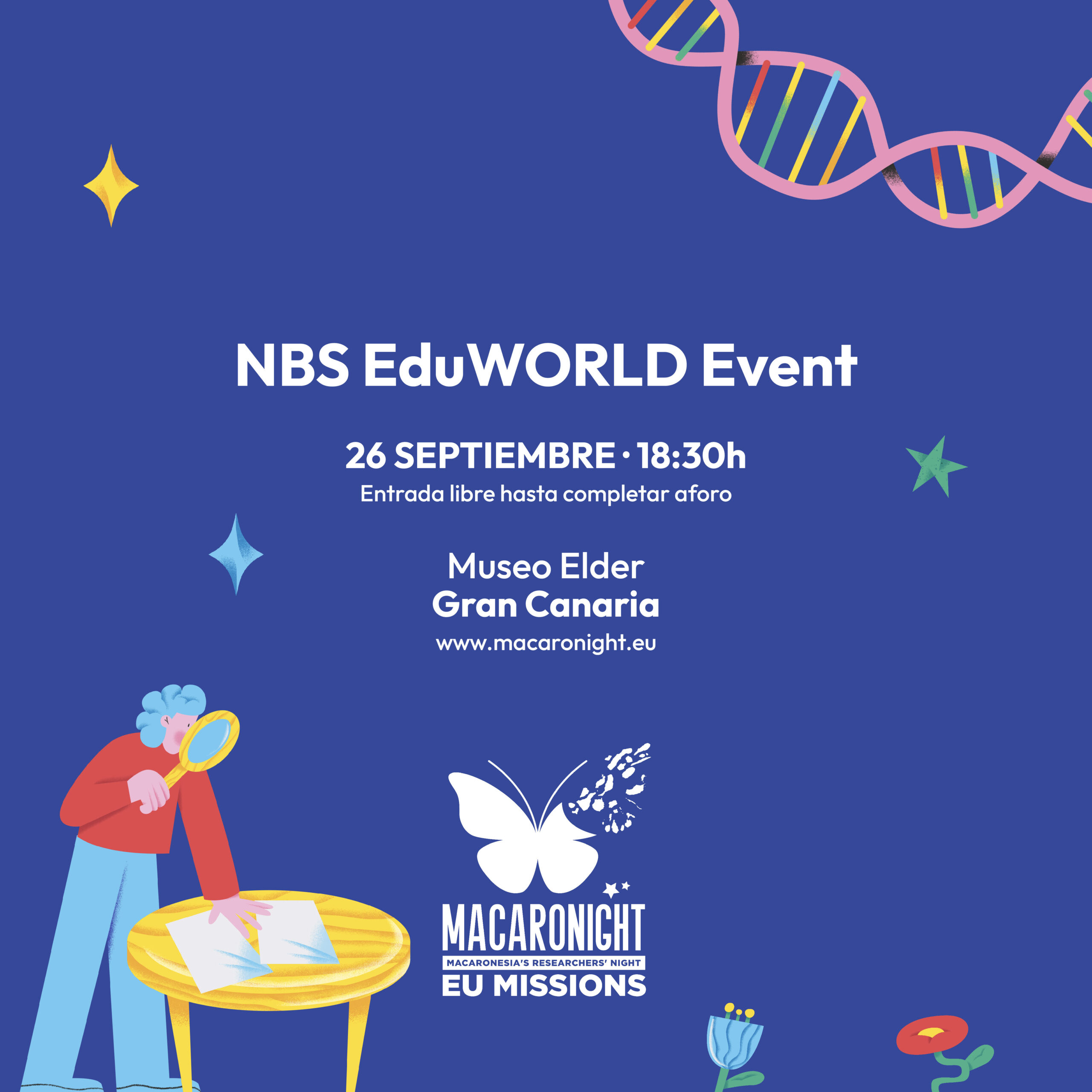 cartel promocional para el NBS EduWORLD Event, que se llevará a cabo el 26 de septiembre a las 18:30h. El evento tendrá lugar en el Museo Elder en Gran Canaria.