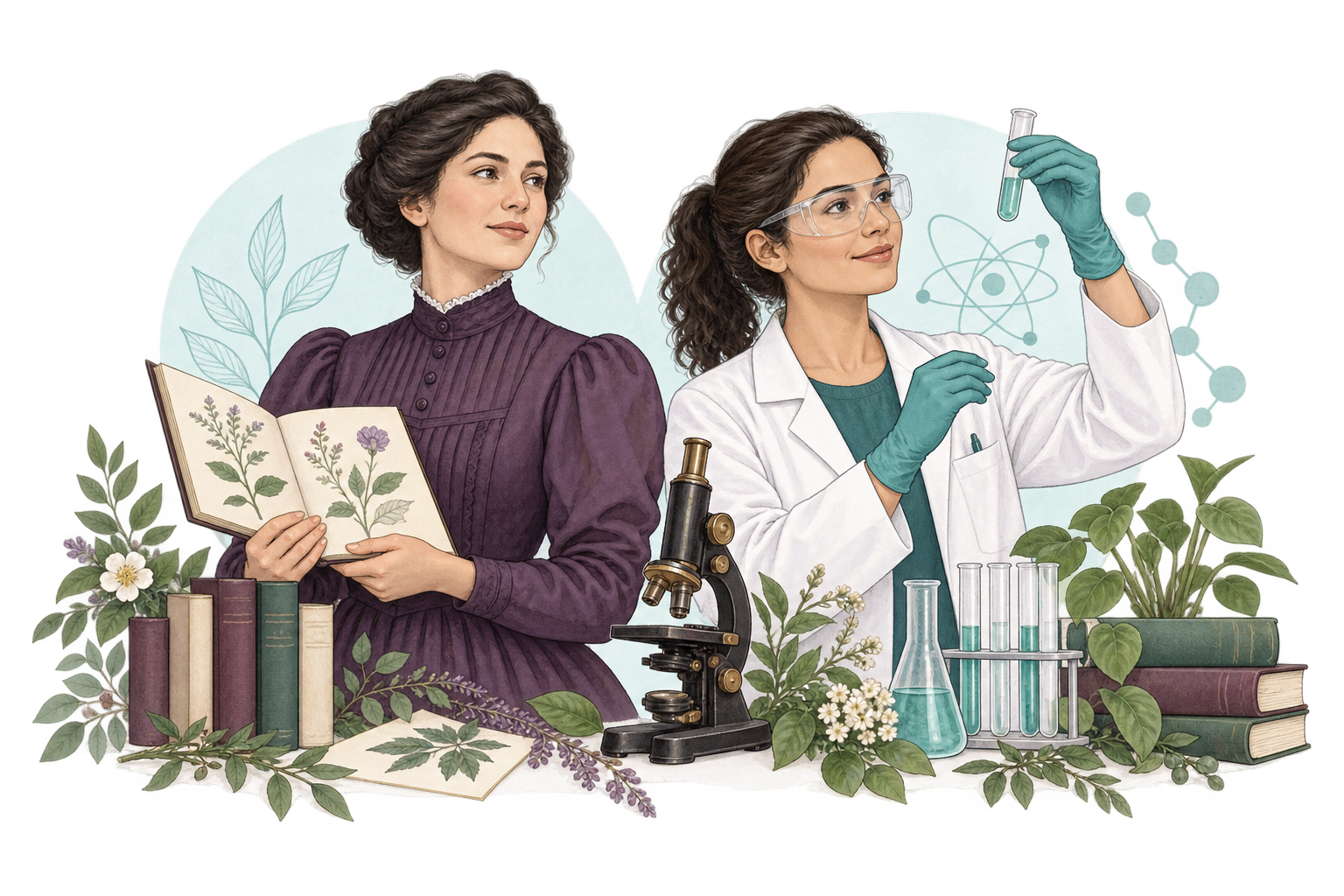 Ilustración de una científica histórica y una investigadora actual